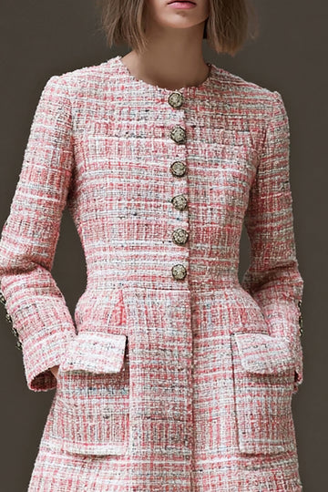 Pink Tweed A Line Work Dress with Long Sleeves